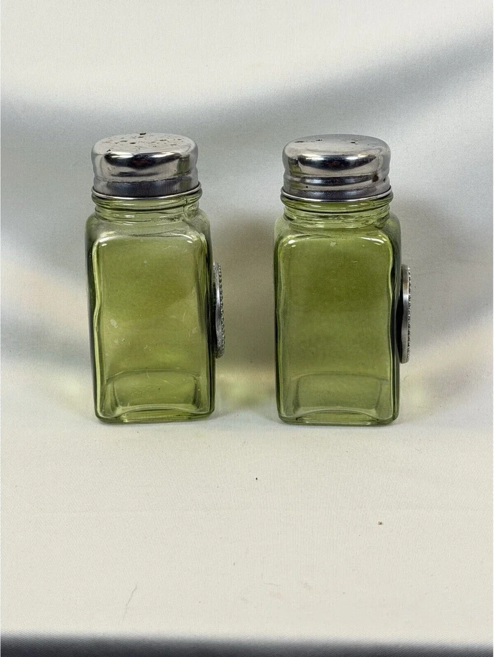 Grasslands Road Celtic Salt And Pepper Shaker Green Glass, Pewter